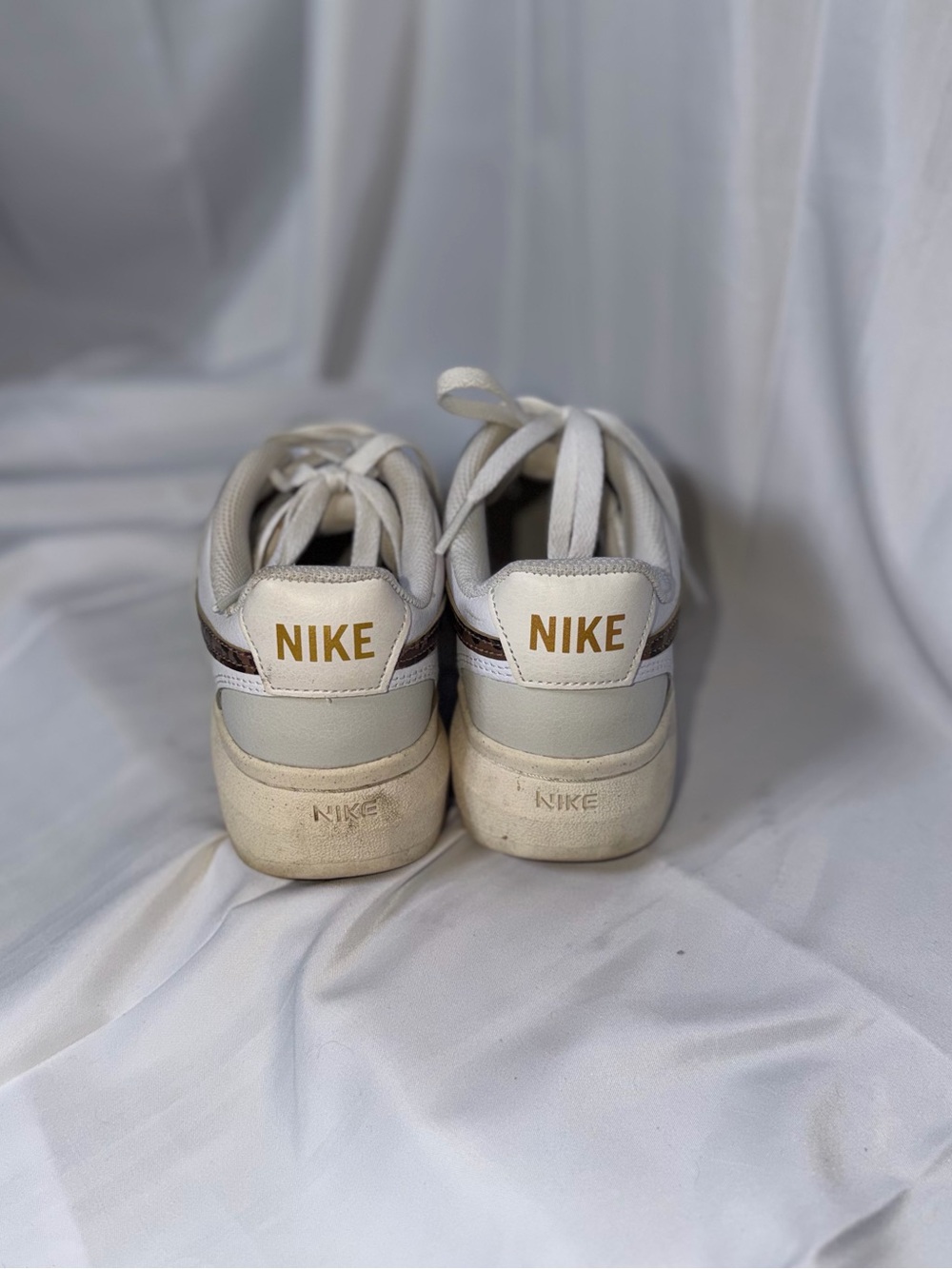 Nike White Leather Sneakers with Brown Patterned Swoosh - Picture 4 of 5